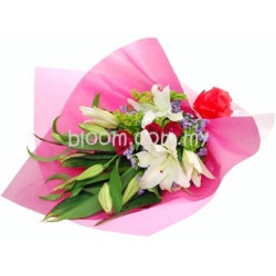Mix Hand Bouquet 07 (3 Stalks White Casa Lily + 3 Red Roses)